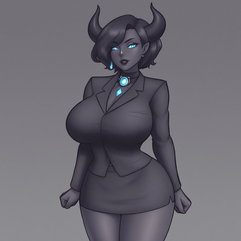 demon girl with two blue glowing eyes and black skin and two black horns, dominant and strong,the girl is dressed in a black coat and skirt, black and white two color hair,mature female,