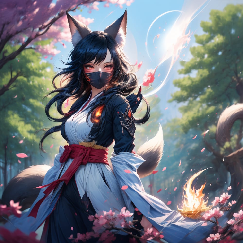 1 forest fox, curly short red hair, red color eyes, elegant black long detailed clothes, communicating with the nature, free spiritual mood, into the sakura location, into the wild environment, detailed light effect, detailed shadow trees effectn masterpiece quality, fiery fox girl with black hair in black ninja clothes and with a mask on her face, flames and particles of sparks are burning around, sakura petals in the air and sakura grows around, synematic, glowing hearts in the air,fingering