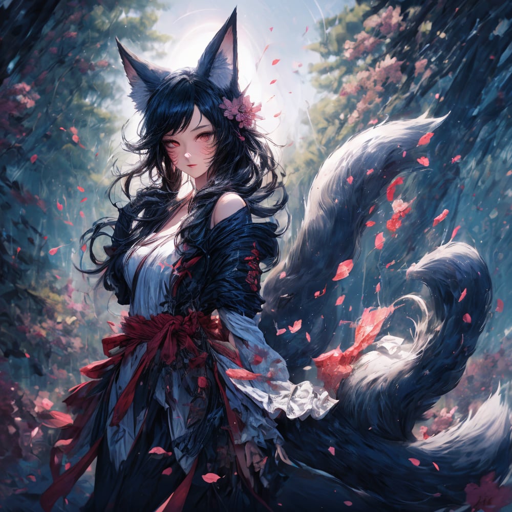 1 forest fox, curly short red hair, red color eyes, elegant black long detailed clothes, communicating with the nature, free spiritual mood, into the sakura location, into the wild environment, detailed light effect, detailed shadow trees effectn masterpiece quality, fiery fox girl with black hair in black ninja clothes and with a mask on her face, flames and particles of sparks are burning around, sakura petals in the air and sakura grows around, synematic, glowing hearts in the air,fingering