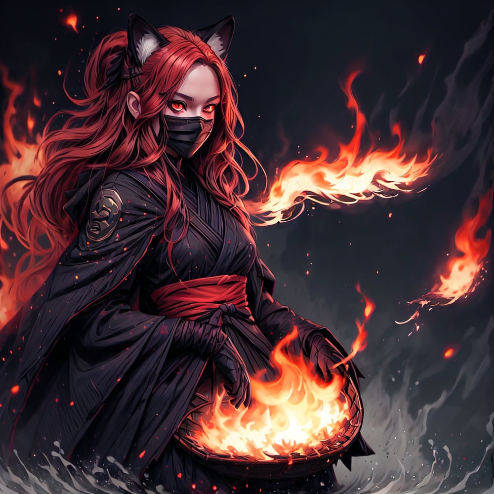 emotionless fiery fox girl with fiery red hair with a fluffy tail dressed in black ninja clothes and with a mask on her face, flames and particles of sparks are burning around, fire is reflected in the water, portrait,