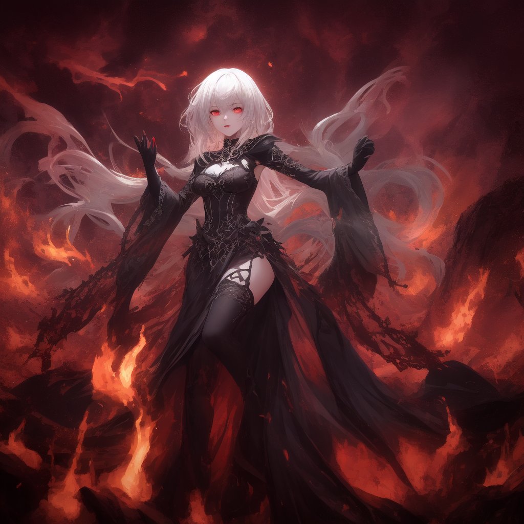 a girl with white hair and red eyes dressed in magical black clothes and spell book, around a lava flame spell, everything around sparkles,glowing red lava flames and red sparks in the air, synematic,  full length shot, hyper details, lighting art, cinematic, insane details, intricate details, hyperdetailed, goth, fractal, dark shot, dynamic pose,