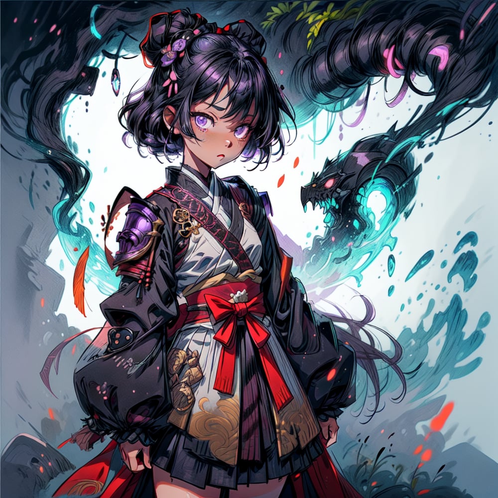 a violet black girl phantom assasin, sparkely and light background, girl like katana and dressed fantasy armor, 