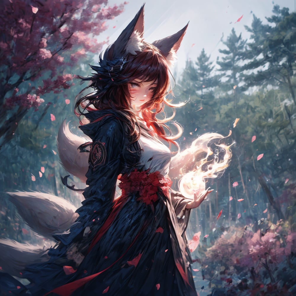 1 forest fox, curly short red hair, red color eyes, elegant black long detailed clothes, communicating with the nature, free spiritual mood, into the sakura location, into the wild environment, detailed light effect, detailed shadow trees effectn masterpiece quality, fiery fox girl with (red hair: 2) in black ninja clothes and with a mask on her face, flames and particles of sparks are burning around, sakura petals in the air and sakura grows around, synematic, 