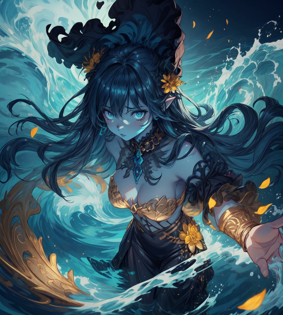 an elemental ocean girl with blue skin commands the oceans and waves, reflections in the water, flowing hair adorned with golden flower petals,full length shot, hyper details, lighting art, cinematic, insane details, intricate details, hyperdetailed, goth, fractal, dark shot, dynamic pose, slime, 3D,