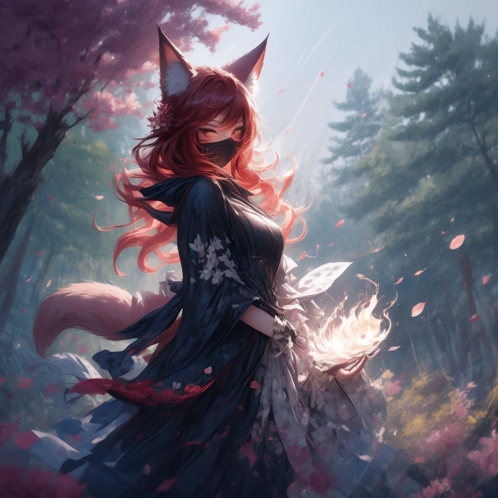 1 forest fox, curly short red hair, red color eyes, elegant black long detailed clothes, communicating with the nature, free spiritual mood, into the sakura location, into the wild environment, detailed light effect, detailed shadow trees effectn masterpiece quality, fiery fox girl with (red hair: 2) in black ninja clothes and with a mask on her face, flames and particles of sparks are burning around, sakura petals in the air and sakura grows around, synematic, glowing hearts in the air,