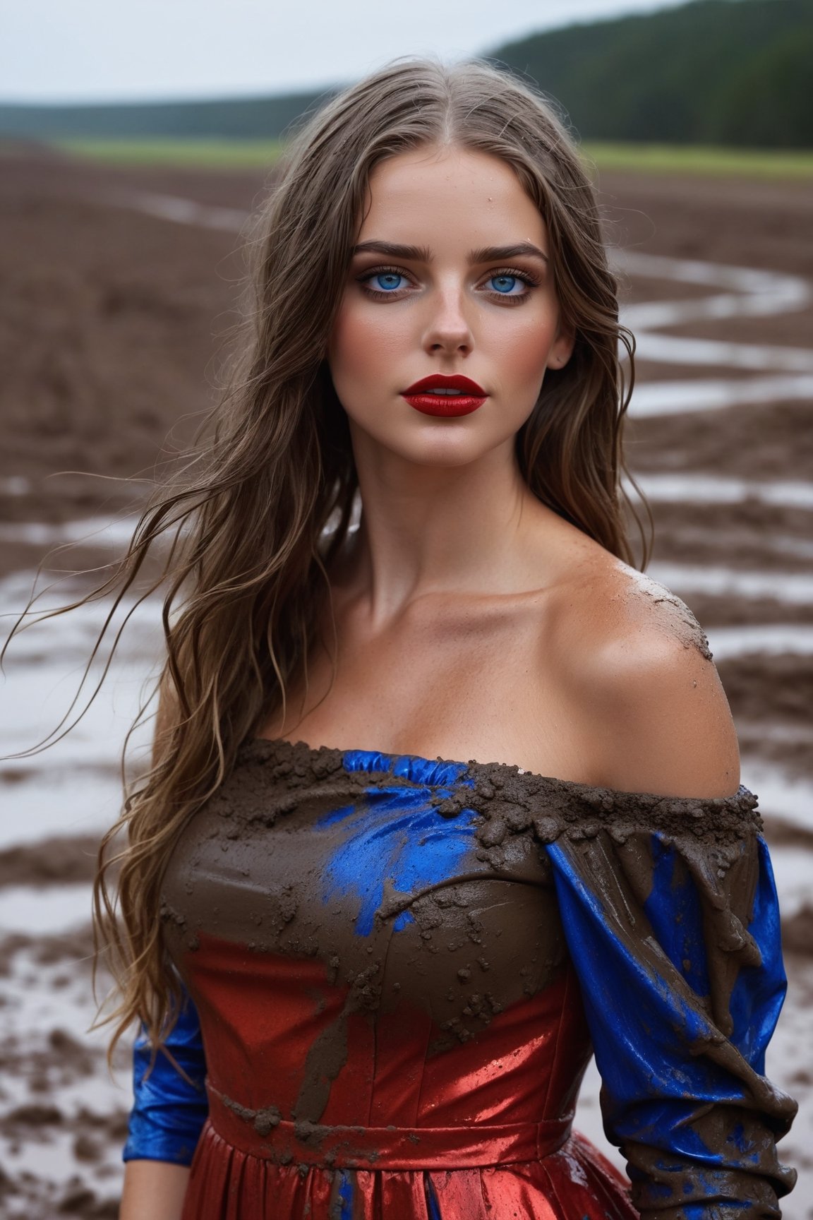 masterpiece, 2 girs, detailed, wet hair:1.5, red lipstick, makeup, blue eyes, long hair, dirt on face, lots of mud on dress, long red metallic dress, off shoulder, realism,