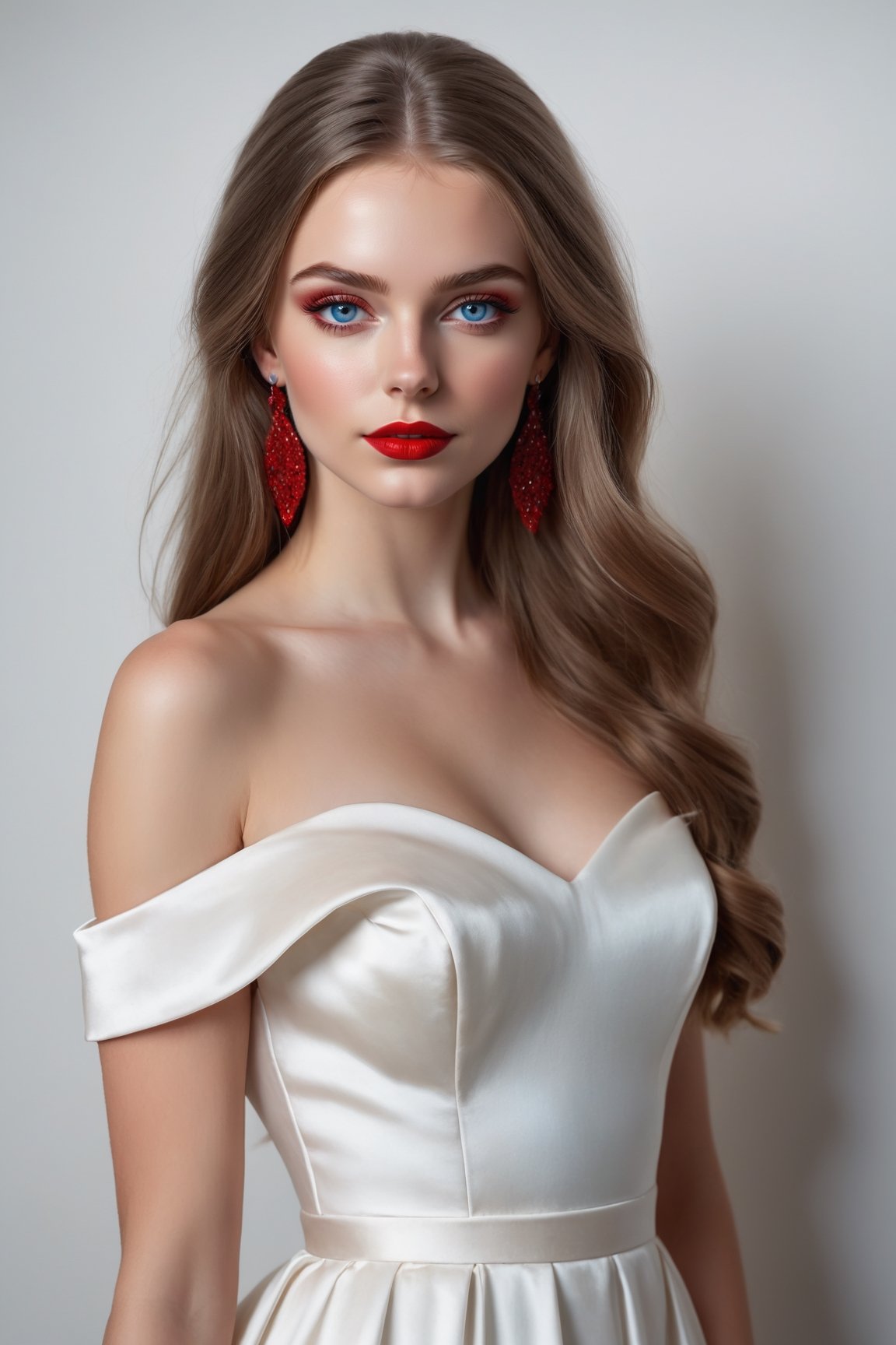 masterpiece, russian girl, detailed, blue eyes, full body, red lipstick, prom makeup, long straight hair, lots of red paint on white satin dress, off shoulder dress, realism,