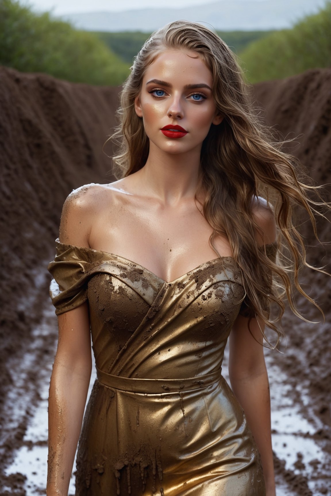 masterpiece, 2 girs, detailed, wet hair:1.5, red lipstick, makeup, blue eyes, long hair, dirt on face, lots of mud on dress, long golden metallic dress, off shoulder, ultra realism,
