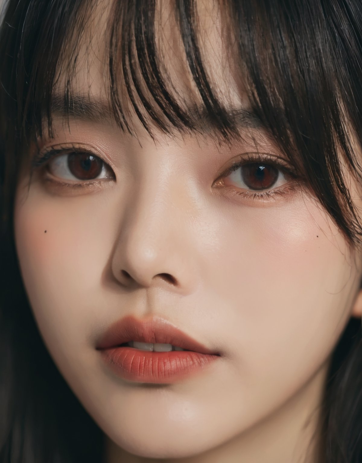 1girl, solo, looking at viewer, bangs, black hair, red eyes, lips, eyelashes, makeup, piercing, portrait, close-up, eye focus,raidenshogundef,High detailed ,xxmixgirl,FilmGirl