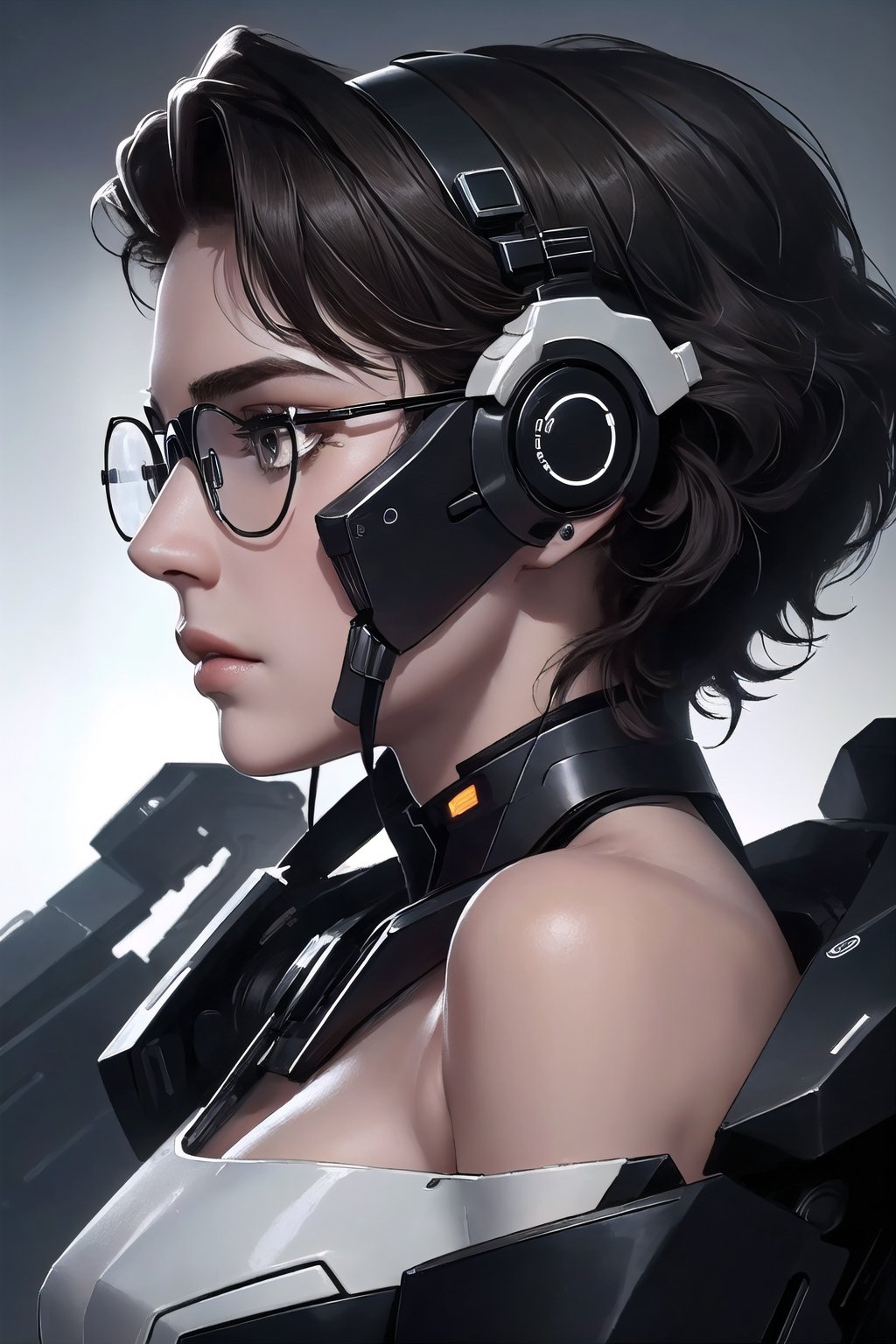 Special operation agent, futuristic tactical black suit, extra detailed, detailed anatomy, detailed face, detailed eyes, 1 girl, long dark brown hair, black eyes, (((head view))), off-shoulder, (side view), futuristic science laboratory, ((conducting science experiment)), futuristic sci-fi black eye glasses, mecha musume, 