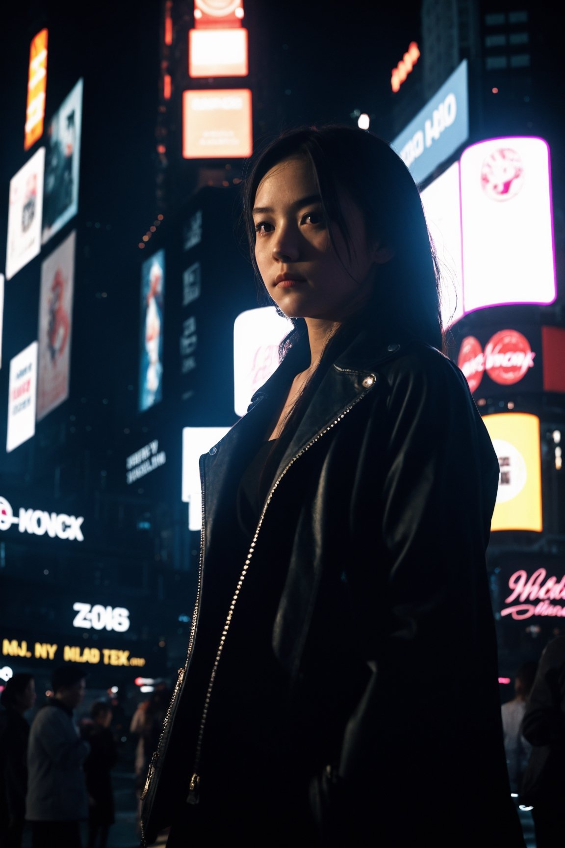 1girl,  vietnam:1.3,  teen girl, 1 female detailed face time square detailed background cyberpunk shadow dramatic lighting by Bill Sienkiewicz ( SimplepositiveXLv1:0.7)