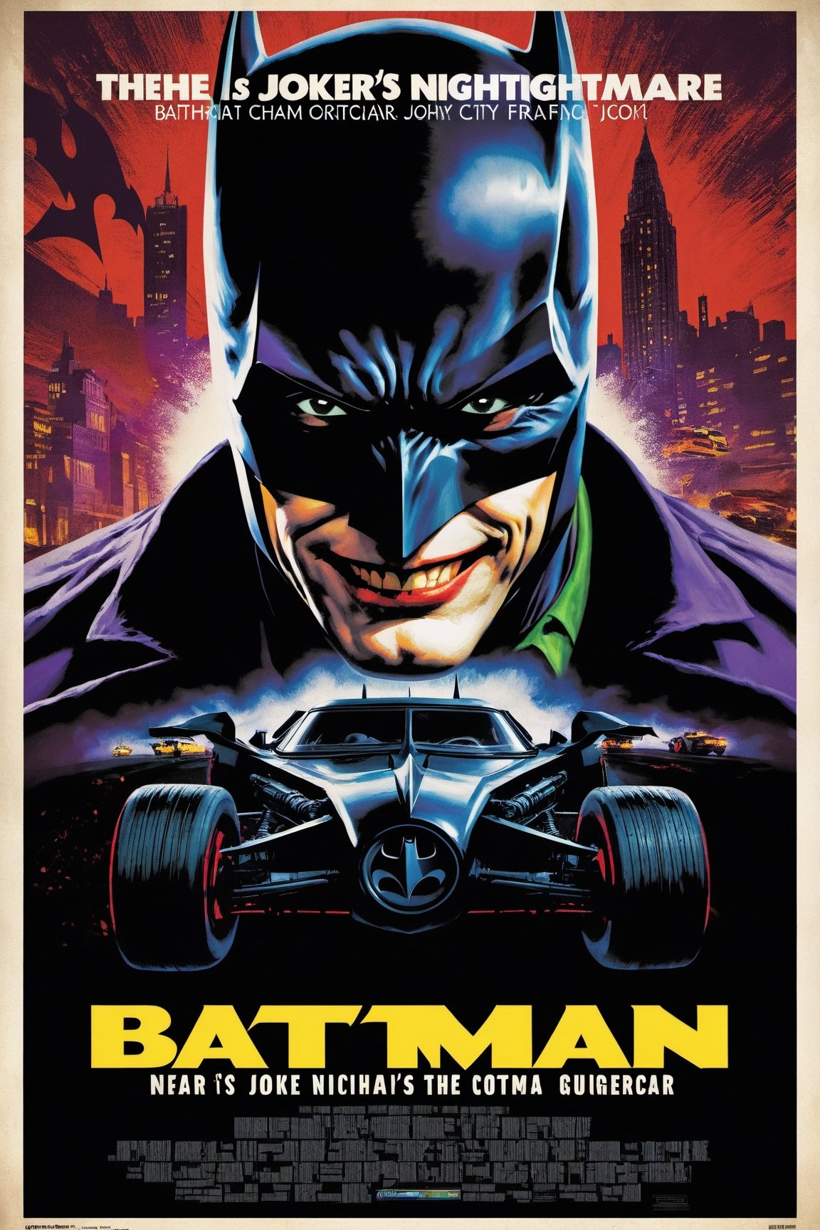 A movie poster of Batman with the title text "The Joker's Nightmare". Batman is driving a Batcar in Gotham City, frantically chasing the Joker,more detail XL