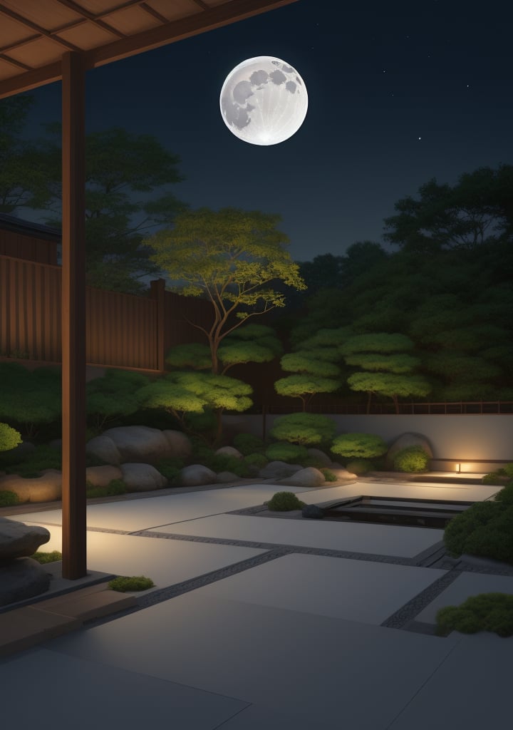 Sketch,zen,garden,clear sky,moon light,finetune,detail,8k,realistic