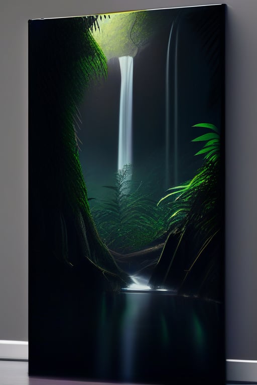 Mysterious,jungle,deep forest,waterfall,komorebi,dark,8k,realistic photo,relic in deep forest