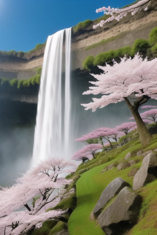 close up blooming giant sakura,waterfall,planet,universe