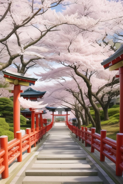 magical place,blaze,swirling air,enchanted,blooming sakura,torii,temple