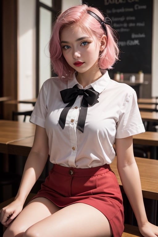 A photo of a pretty young, nerdy woman sitting in a cafe, wearing a white shirt and a bow, surrounded by a cozy lofi atmosphere, looking at the viewer.
Pink short hair, stunning glow lite blue eyes, incredible thin red lips,  traditional cloth.nomobil