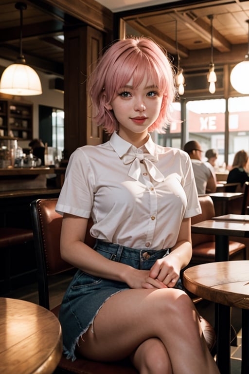 A photo of a pretty young, nerdy woman sitting in a cafe, wearing a white shirt and a bow, surrounded by a cozy lofi atmosphere, looking at the viewer.
Pink short hair, stunning glow lite blue eyes, incredible thin red lips,  traditional cloth, ,girl,hair over eyes