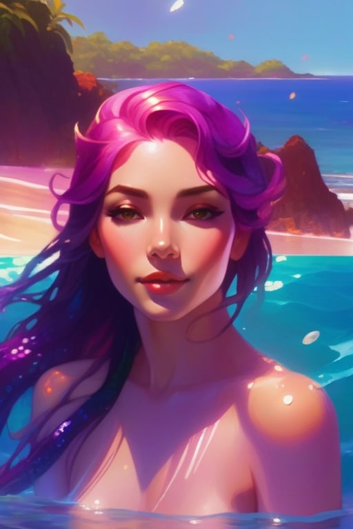 In the Style of Anime-Illustration, Portrait image, A Mermaid frolicking in a sunlit pool, Her straight - purple pink - lustrous hair, falling in waves as her gleaming scales shimmer beneath the warm summer sun, wet skin and deep - brown - eyes, looking at viewer, behind her is a secret tropical island as background, Anime Concept Art, art by Atey ghailan-Artem demura-Tom bagshaw, key-visuals by Studio Trigger and Sam Yang