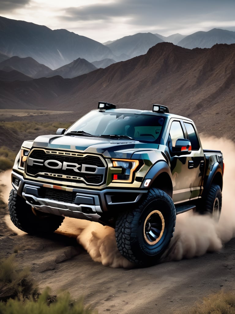 stuning black bold outline photo of a powerful and impressive camouflage ford raptor 4x4