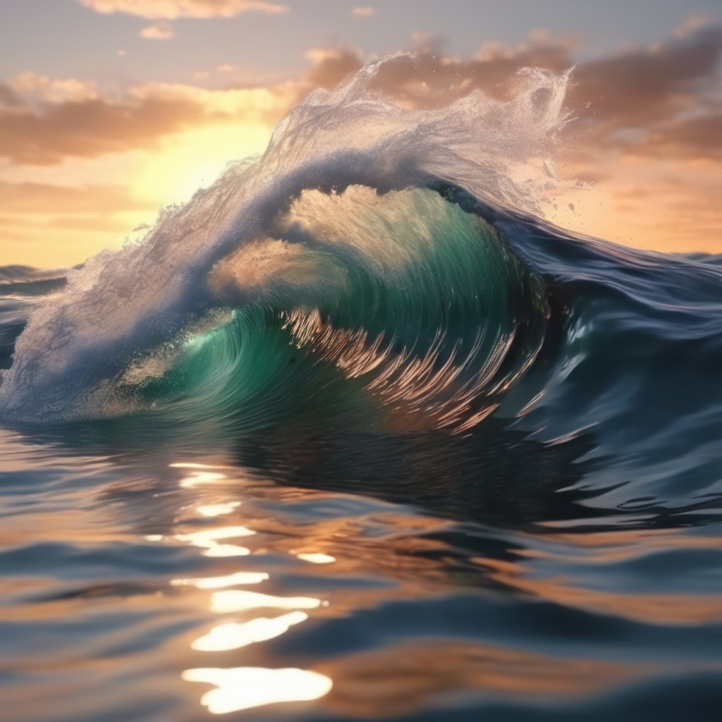 A slow-motion realistic transparent  wild sea wave at the sunset