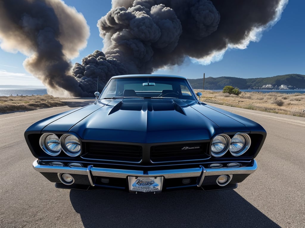 stuning masterpiece, black bold outline intricate photo of a powerful classic muscle car 1970 plymouth roadrunner hemi supercharged, tyre burnout show smoke clouds