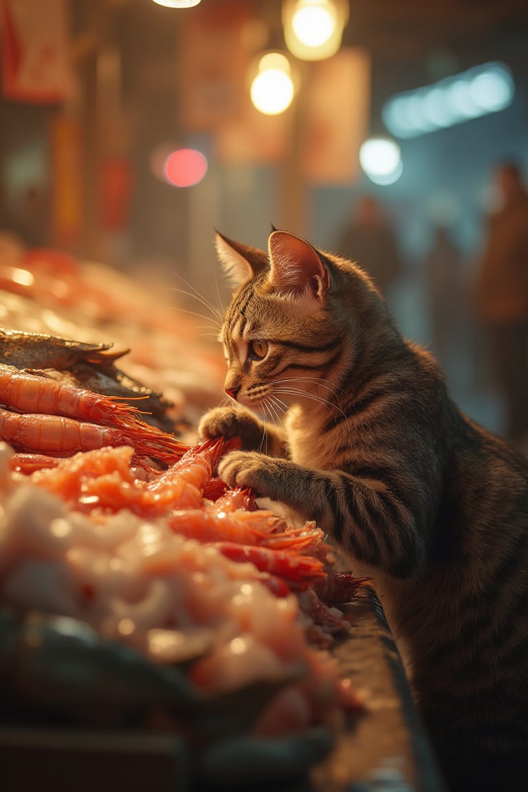 A curious cat approaches the bustling fish market, its whiskers twitching as it surveys the colorful array of seafood on display. The framing is tight, focusing on the cat's inquisitive face and paws as it sniffs at a bucket of fresh shrimp. Soft, golden light spills from above, illuminating the scene with a warm, inviting glow.