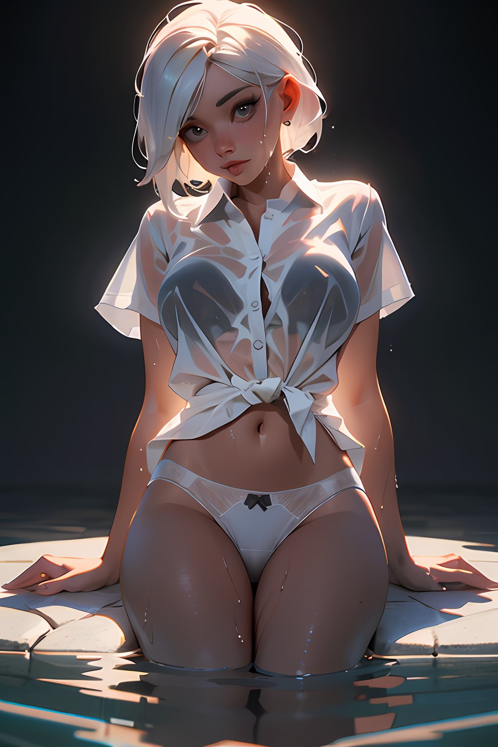 ((best quality)), ((masterpiece)), (detail: 1.4), 3d, a beautiful uwu female image, high-density imaging review (High dynamic range), ray tracing, Nvidia RTX, super resolution, illusory 5, Subsurface scattering, PBR texture, post-processing, Anisotropic filtering, depth of field, maximum definition and sharpness, multi-layer texture, Albedo and highlight map, surface shading, accurate simulation of light and material interaction Perfect proportion, Octane rating rendering, double color light, large aperture, low ISO, white balance, rule of thirds, 8K raw data, two bare feets, exposed navels, white shirt, no bra, (((wet white T-string underpants)), (((wet white shirt))), sexy, (((wet white shirt))