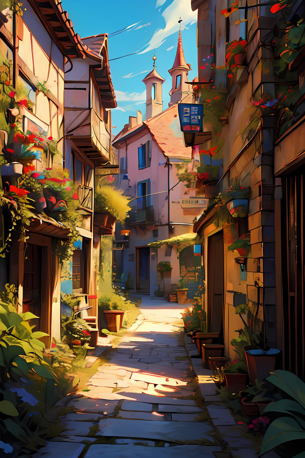 little street of an old south france village, colorful, summer, (masterpiece),ghibli style,zbxr,fantasy_world