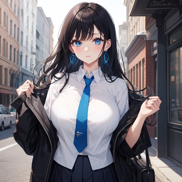 [big_breasts, black_hair, blue_eyes, Blue_inside_hair],
white_blouse, blue drop earrings, black_skirt,