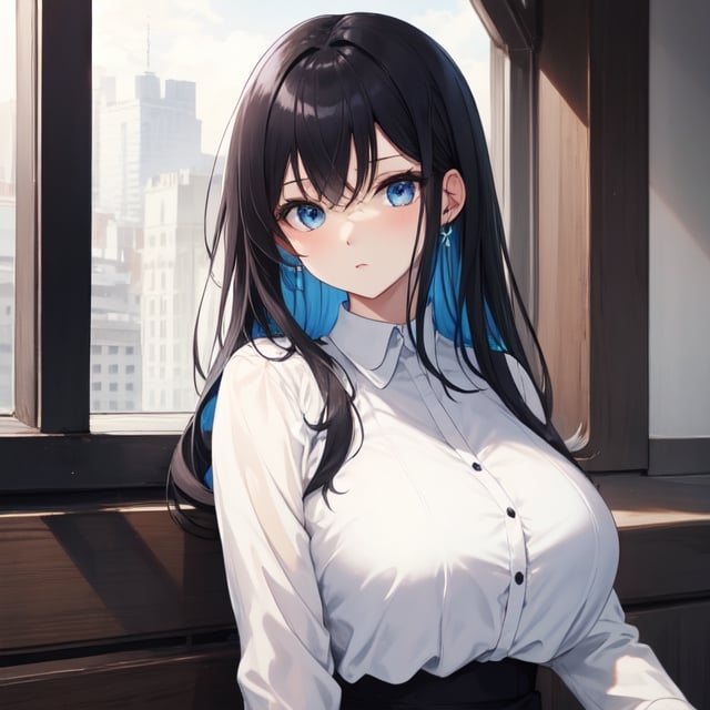 [big_breasts, black_hair, blue_eyes, Blue_inside_hair],
white_blouse,