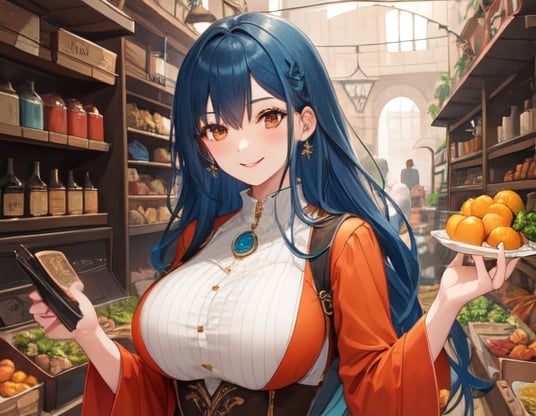 brown_eyes,electric_blue_hair, medieval clothes, orange clothes, 1_girl, merchant, long hair, big_breasts, smile
