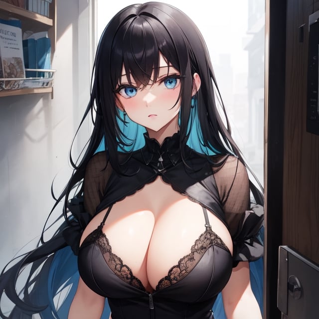 big_breasts, black_hair, blue_eyes,