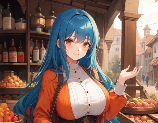 brown_eyes,electric_blue_hair, medieval clothes, orange clothes, 1_girl, merchant, long hair, big_breasts, smile
