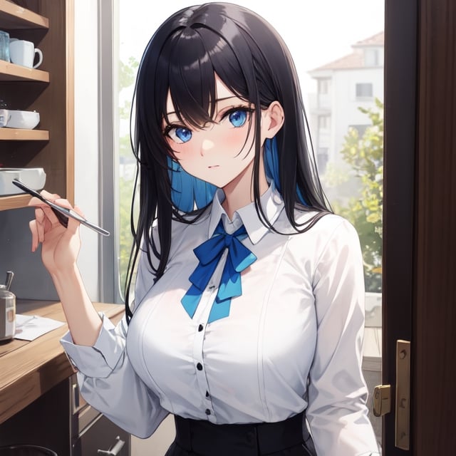 [big_breasts, black_hair, blue_eyes, Blue_inside_hair],
white_blouse,