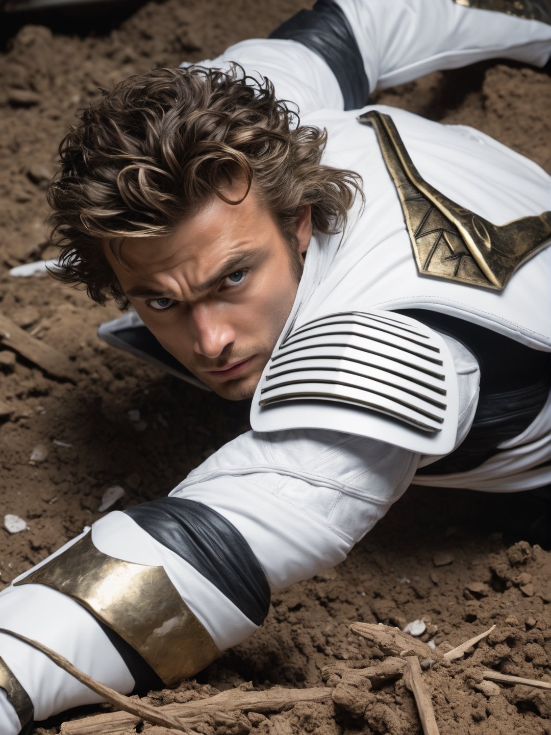 best quality, white ninja ranger laying down on a big pile, penetrating look, evil eyes, messy hair, ((closeup)), best quality, ultra realistic, photorealistic, a lot money everywhere