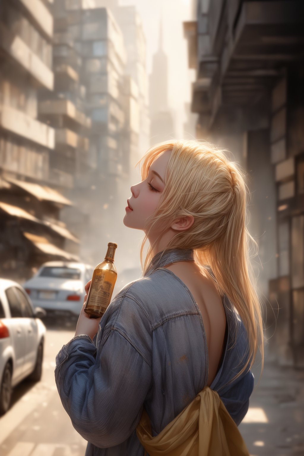 A young woman with vibrant blonde hair cascading down her back like a golden waterfall reclines on her back amidst the concrete jungle's urban landscape, surrounded by towering skyscrapers' imposing facades. Her relaxed expression, framed by slightly disheveled locks, is juxtaposed against the serenity of her gaze as she cradles a bottle in one hand, seemingly forgotten. Warm sunlight bathes the scene in a hazy, blurry atmosphere, capturing the carefree moment as her eyes drink in the cityscape's gritty yet charming backdrop of blurred concrete and steel structures.