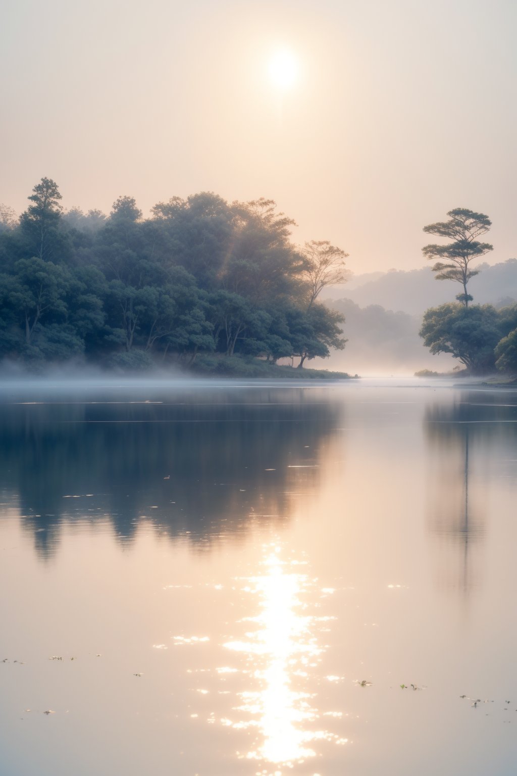 A tranquil dawn scene unfolds: a majestic lake's glassy surface reflects the charming building's façade, its large window aglow with warm sunlight casting a comforting ambiance. Ferns with delicate leaves softly sway beside the water's edge, set against rolling hills and a brilliant blue sky, providing a serene backdrop as morning mist rises.