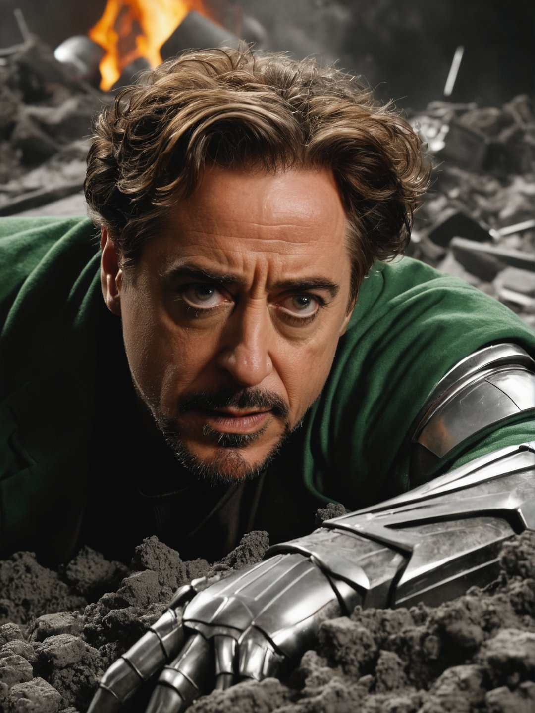 best quality, Robert John Downey Jr. as Victor Von Doom laying down on a big pile, penetrating look, evil eyes, messy hair, ((closeup)), best quality, ultra realistic, photorealistic, a lot money everywhere