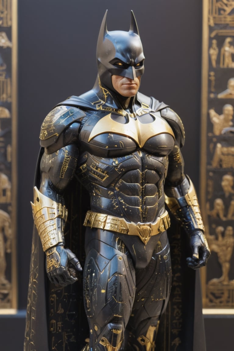 Masterpiece sculpture of batman in a futuristic reinterpretation, avant-Egyptian, The Monumental god figure is immensely complex and futuristic. Sculpted in black granite with an ultra smooth finish and gold inlays, modular, sacred hieroglyphs. Dark background with projected dim Egyptian symbology made of light. Grand and sober. Portrait shot, center focus, laser-cut, hyper-detail, Sci-fy, futuristic-avant-Egyptian. --no mockup, bad anatomy, text, signature, watermark, username, low resolution, worst quality, low quality, jpeg artefacts, blurry, cropped, badly framed