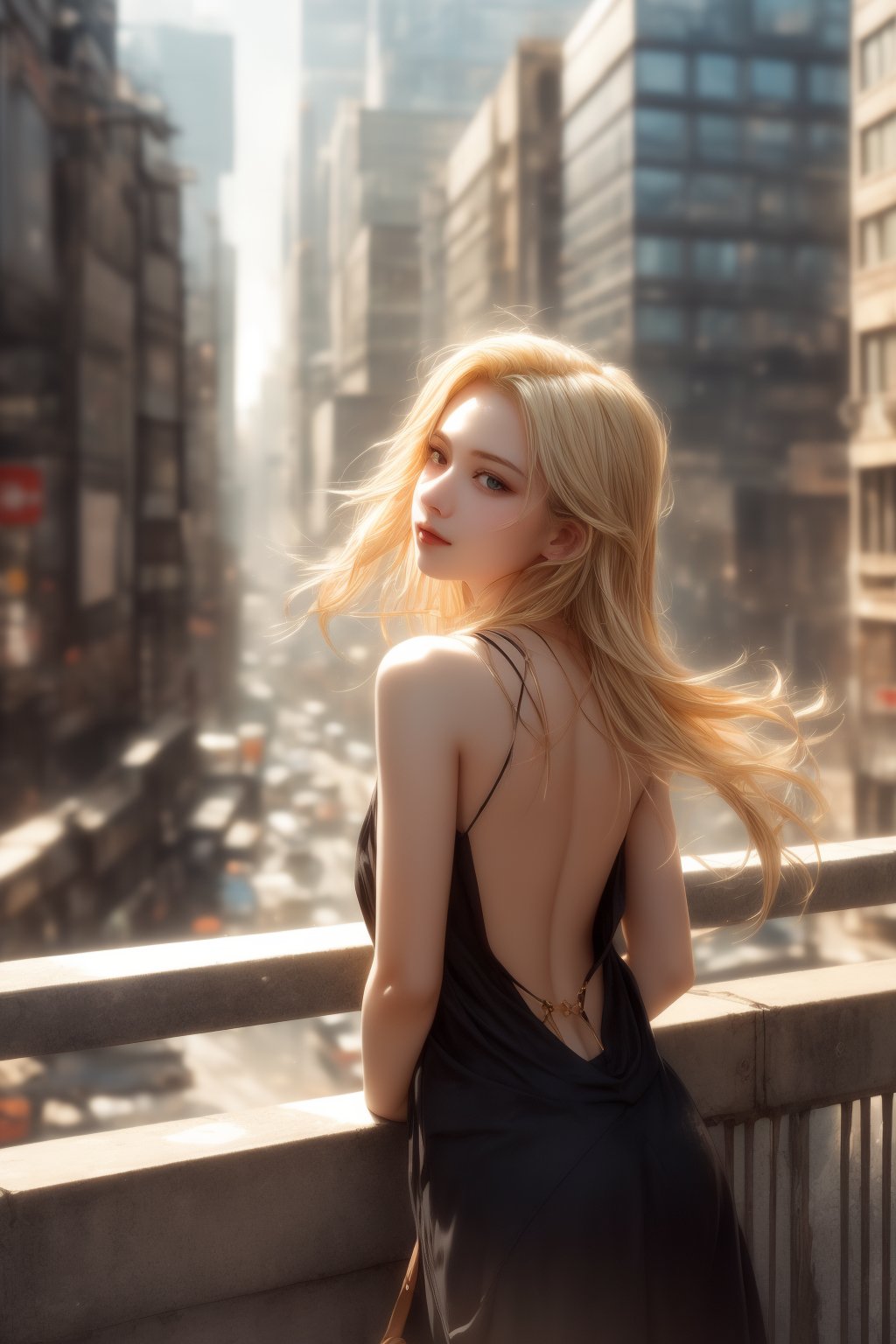 A young woman with vibrant blonde hair cascading down her back like a golden waterfall reclines on her back amidst the concrete jungle's urban landscape, surrounded by towering skyscrapers' imposing facades. Her relaxed expression, framed by slightly disheveled locks, is juxtaposed against the serenity of her gaze as she cradles a bottle in one hand, seemingly forgotten. Warm sunlight bathes the scene in a hazy, blurry atmosphere, capturing the carefree moment as her eyes drink in the cityscape's gritty yet charming backdrop of blurred concrete and steel structures.