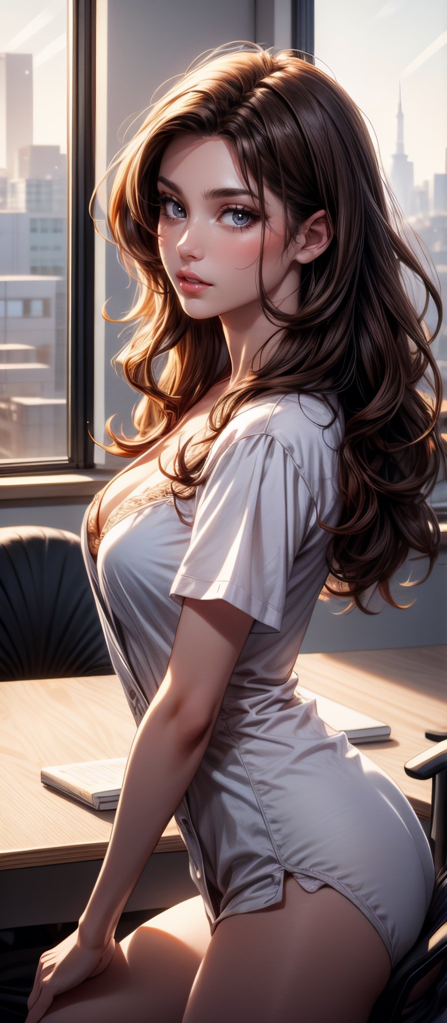 - [ ] photorealistic:1.37, masterpiece, best quality, raw photo, absurdres, uhd, 1girl, wavy hair, brown hair, seductive , looking at viewer, in the large meeting room of the office in the high tower office building in  Tokyo ,Tokyo tower,intricate detail, detailed background, detailed skin, pore, highres, hdr , presentation to ten men , beautiful model, soft light to the face,JP_MODELS,white shirts uniform , midium breasts, a 30 yo woman,soft light to the face, open half shirts 