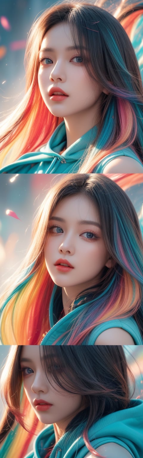 A mesmerizing portrait of a young woman dominates the frame, situated amidst a kaleidoscopic background where her vibrant multicolored hoodie swirls with blue, orange, and teal tones. Her flowing locks cascade down her shoulders in harmony with the swirling colors. Direct gaze exudes bold artistic flair, modern fashion sense, and unwavering confidence as she seemingly defies the kaleidoscope's colorful chaos surrounding her, her features a striking focal point amidst the visual feast.