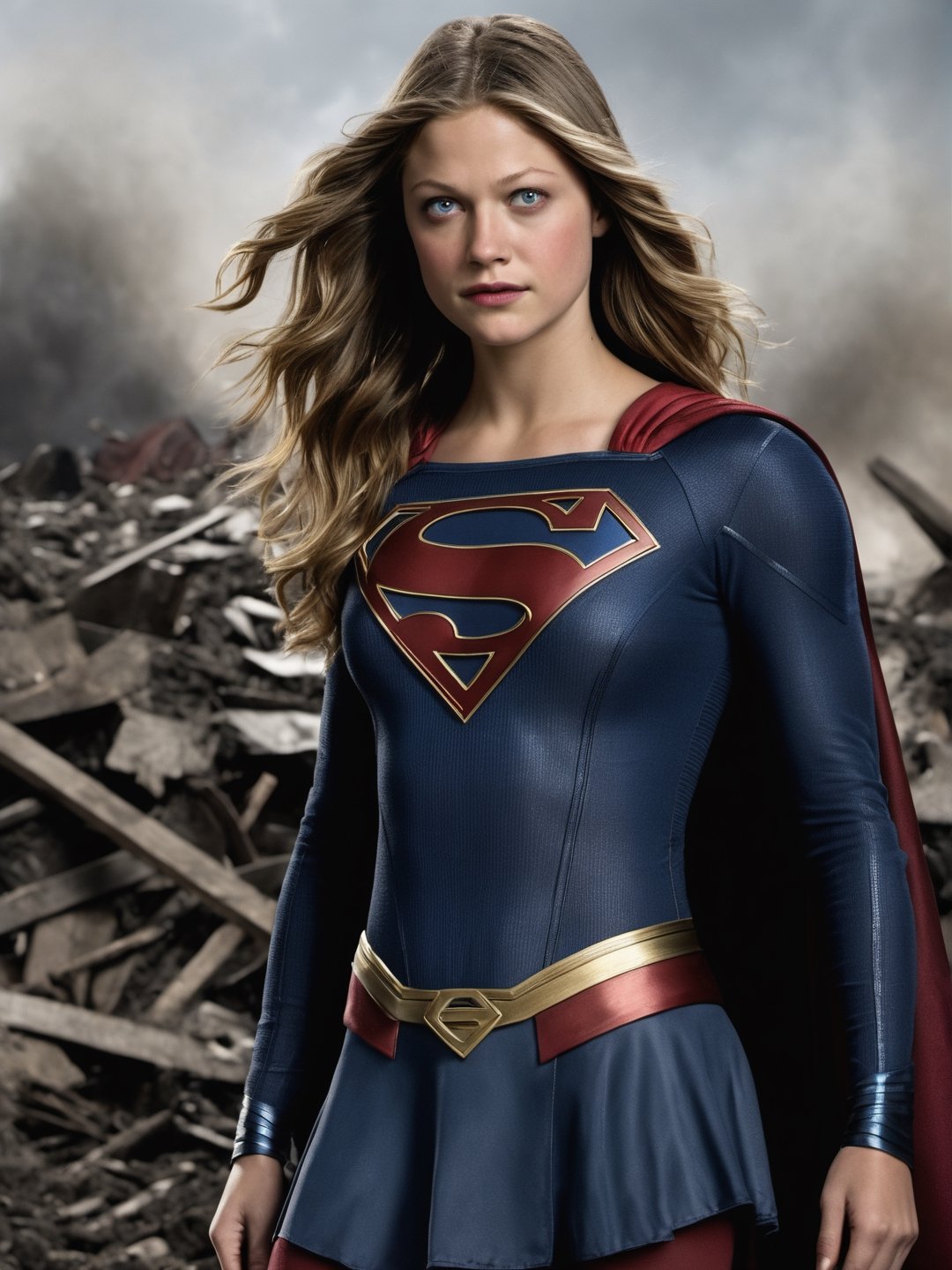 best quality, Melissa Benoist as Supergirl standing on a big pile, wear black stocking, penetrating look, evil eyes, messy hair,stocking, ((closeup)), best quality, ultra realistic, photorealistic, a lot enemy everywhere