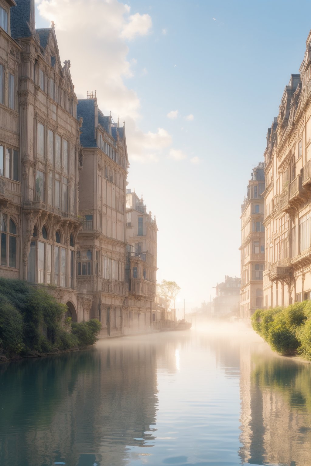 A tranquil dawn scene unfolds: a majestic lake's glassy surface reflects the charming building's façade, its large window aglow with warm sunlight casting a comforting ambiance. Ferns with delicate leaves softly sway beside the water's edge, set against rolling hills and a brilliant blue sky, providing a serene backdrop as morning mist rises.