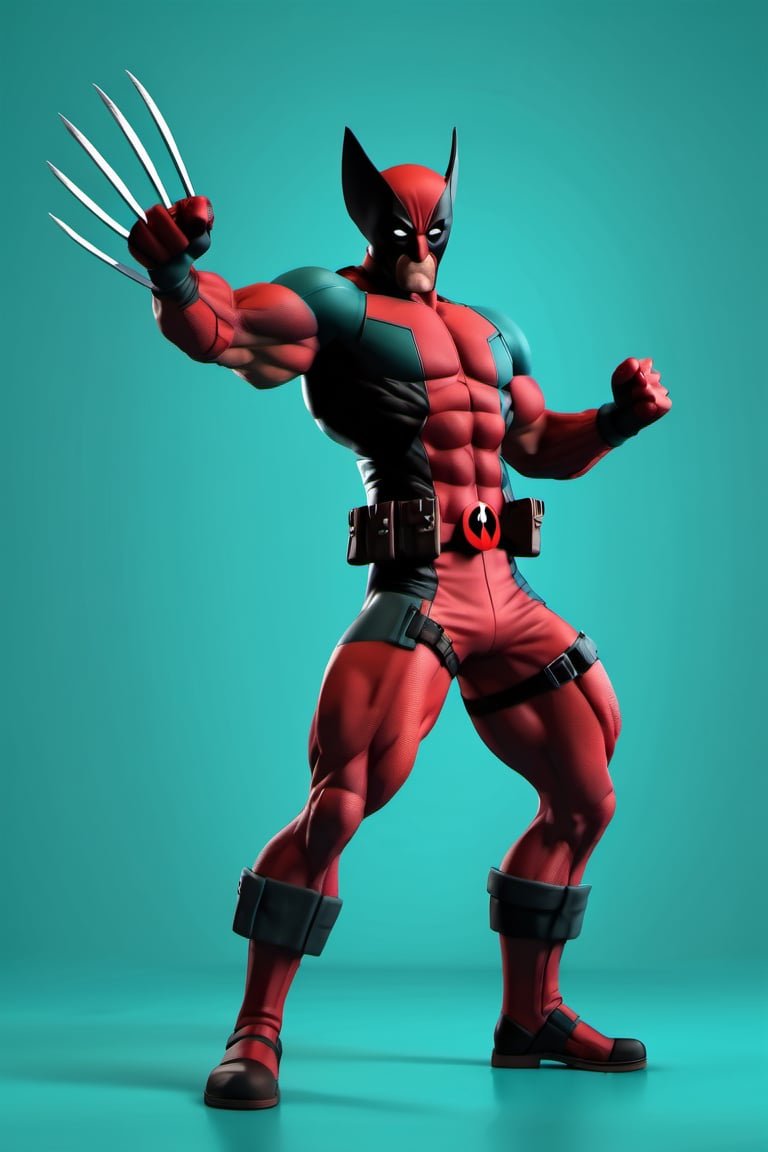 figure of Wolverine, Deadpool, head, legs, feet, teal dimentional background, high-res