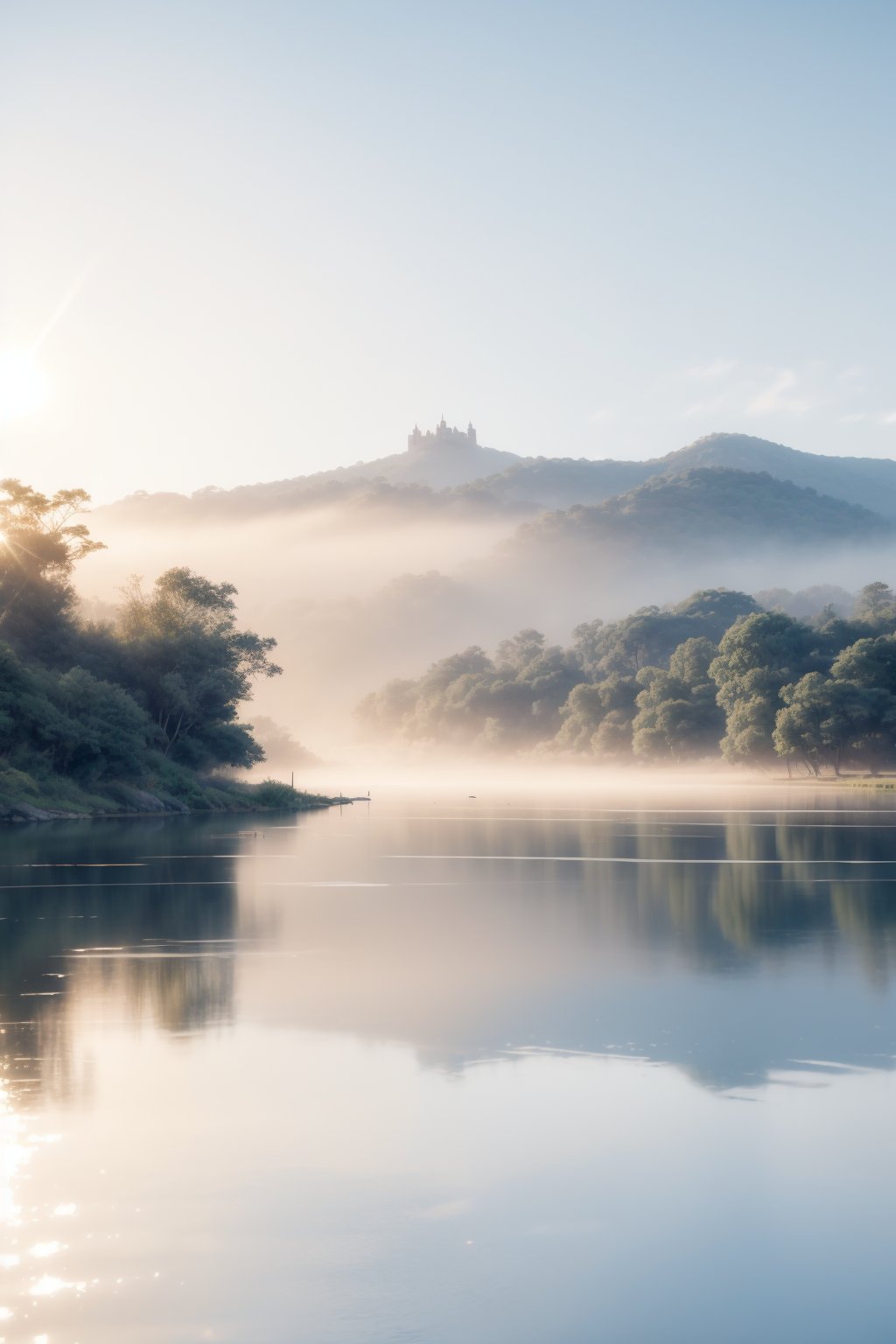 A tranquil dawn scene unfolds: a majestic lake's glassy surface reflects the charming building's façade, its large window aglow with warm sunlight casting a comforting ambiance. Ferns with delicate leaves softly sway beside the water's edge, set against rolling hills and a brilliant blue sky, providing a serene backdrop as morning mist rises.