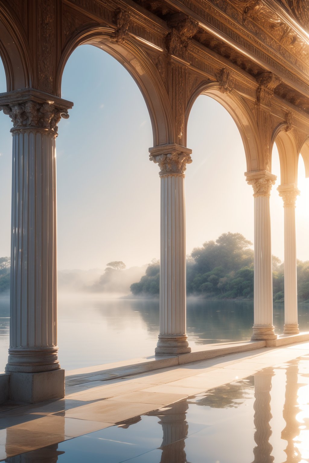 A tranquil dawn scene unfolds: a majestic lake's glassy surface reflects the charming building's façade, its large window aglow with warm sunlight casting a comforting ambiance. Ferns with delicate leaves softly sway beside the water's edge, set against rolling hills and a brilliant blue sky, providing a serene backdrop as morning mist rises.