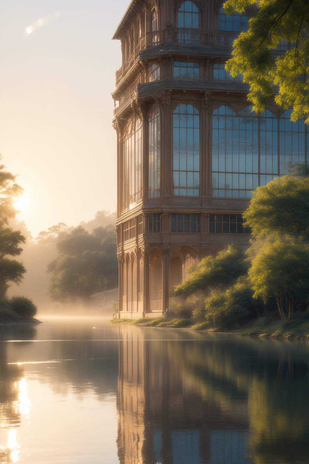 A tranquil dawn scene unfolds: a majestic lake's glassy surface reflects the charming building's façade, its large window aglow with warm sunlight casting a comforting ambiance. Ferns with delicate leaves softly sway beside the water's edge, set against rolling hills and a brilliant blue sky, providing a serene backdrop as morning mist rises.