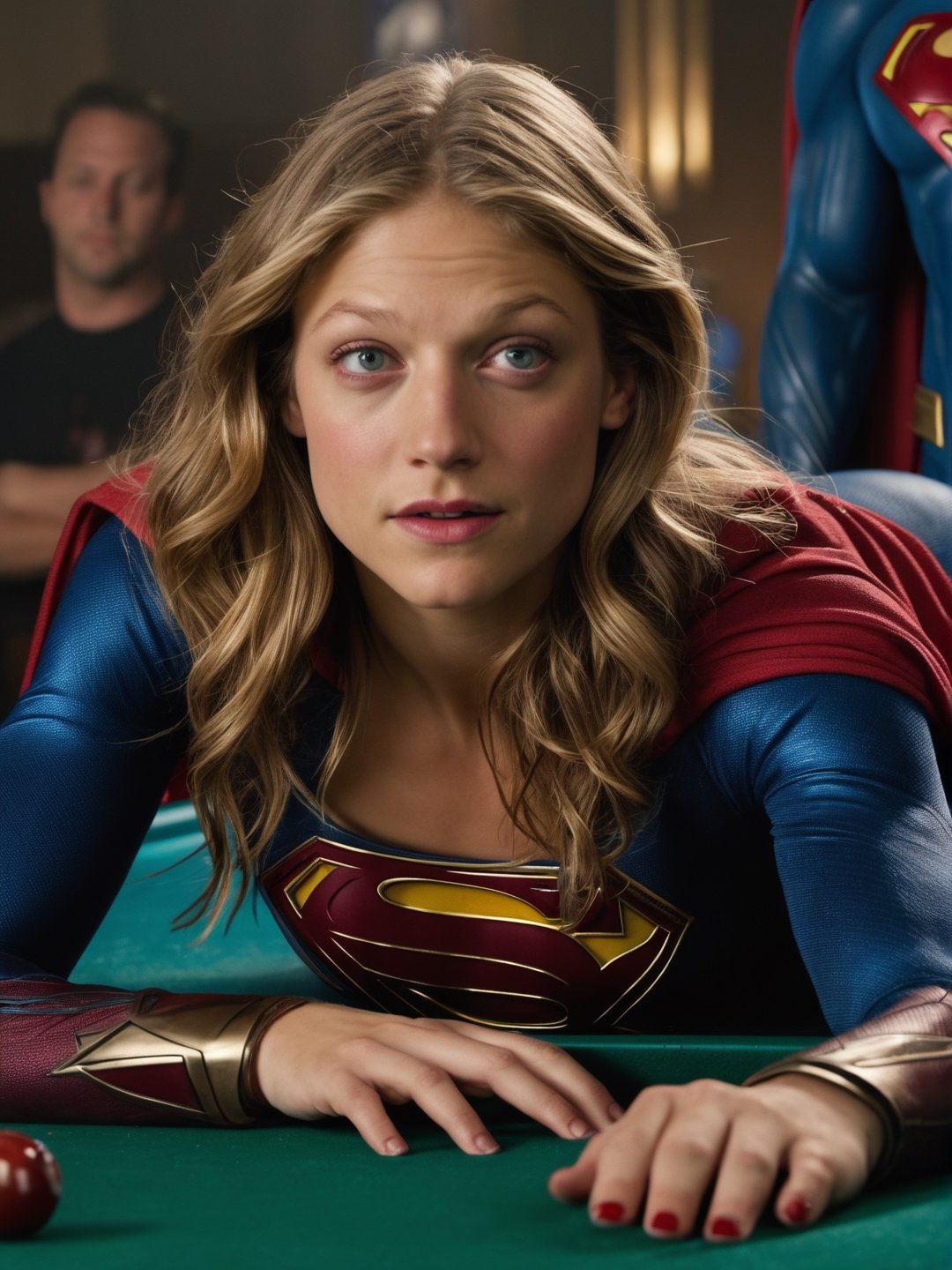 best quality, Melissa Benoist as Supergirl laying down on a pool table, penetrating look, evil eyes, messy hair,stocking, ((closeup)), best quality, ultra realistic, photorealistic, a lot money everywhere